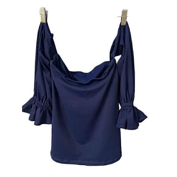 Susana Monaco Thunder Blue Off-The-Shoulder Top With Bell Sleeves, SM - Picture 3 of 7